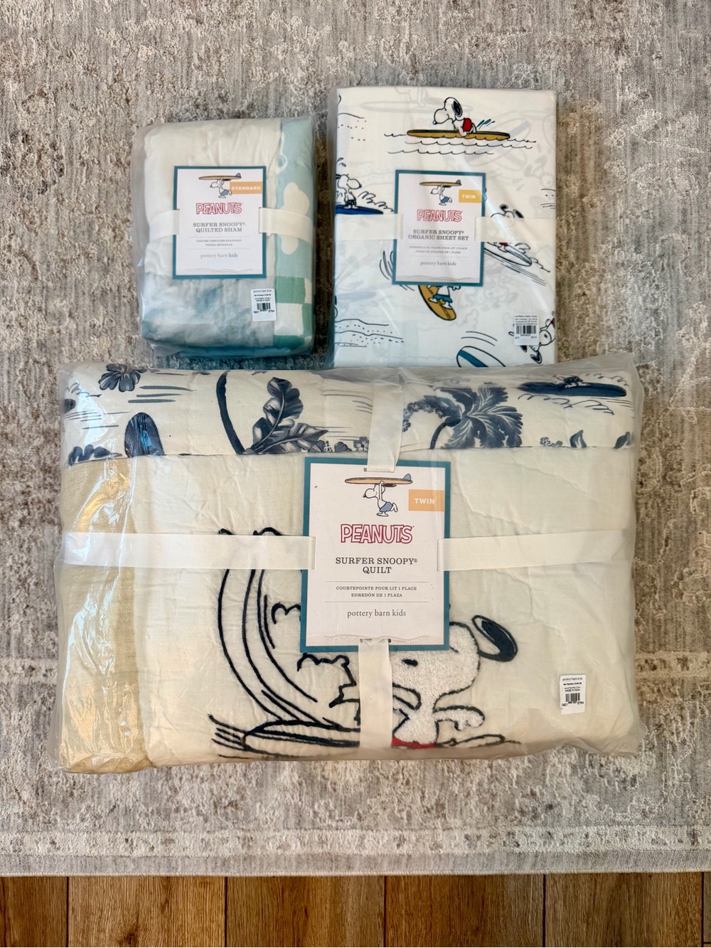 Pottery Barn Kids Peanuts Surf Snoopy Twin Quilt, Sham and Sheets